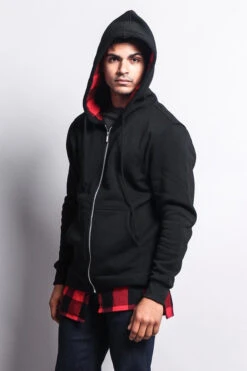 Plaid Flannel Accent Long Length Zip Hoodie -Victorious JK723 BRD 5