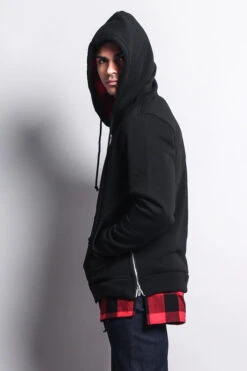 Plaid Flannel Accent Long Length Zip Hoodie -Victorious JK723 BRD 6