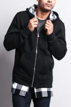 Plaid Flannel Accent Long Length Zip Hoodie -Victorious JK723 BWT 4