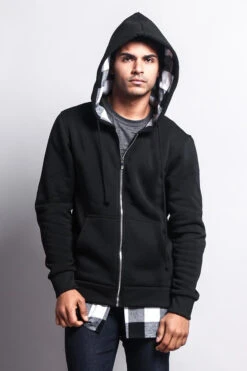 Plaid Flannel Accent Long Length Zip Hoodie -Victorious JK723 BWT 5