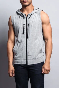 Eyelet Sleeveless Contrast Hoodie -Victorious SL888 GRY 1