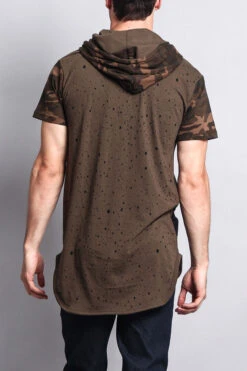 Star Print Block Camo Splatter Hooded T-Shirt -Victorious TS7029 OLV 3