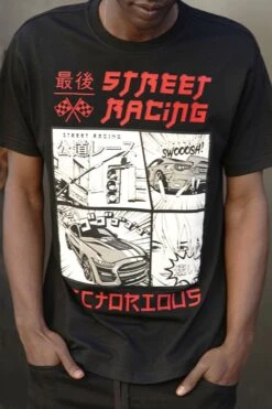 Men's Rubber Print Street Racing Graphic T-Shirt -Victorious TS7517 BLK 2