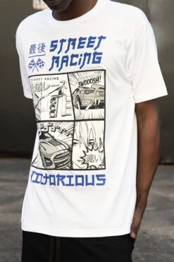 Men's Rubber Print Street Racing Graphic T-Shirt -Victorious TS7517 WHT 2