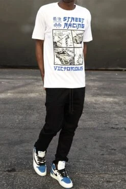 Men's Rubber Print Street Racing Graphic T-Shirt -Victorious TS7517 WHT 3