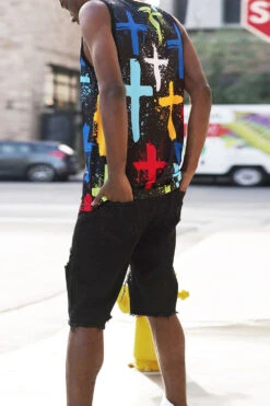 Men's Cross Paint Splatter Tank Top -Victorious TT109 BLK 4